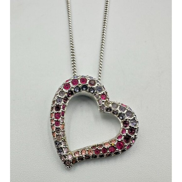 Swarovski Open Heart Pendant Necklace Silver Tone Pavé Crystal Multicolor 18.5" - Picture 1 of 15